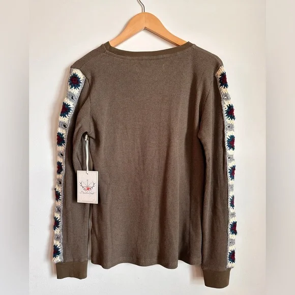 Boundless North Sweater Thermal Crochet Sleeves Boho Fairy Casual Green Large - Picture 3 of 6